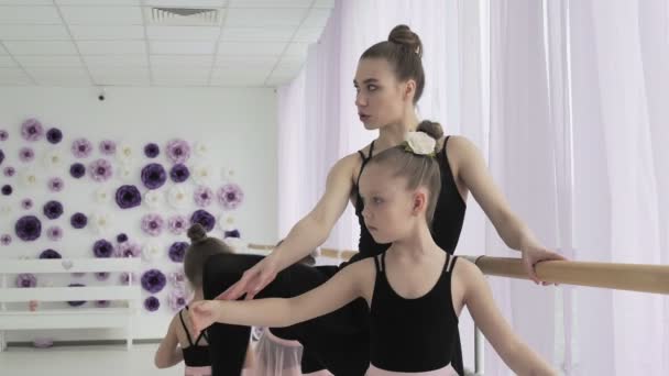 Grupo de niñas en faldas tutú rosadas aprendiendo nuevos movimientos de baile durante la lección de ballet — Vídeo de stock