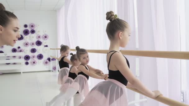 Diligentes jóvenes bailarines de ballet están haciendo plie y tendú de batalla mientras su maestra está corrigiendo posiciones equivocadas y dando instrucciones. . — Vídeos de Stock