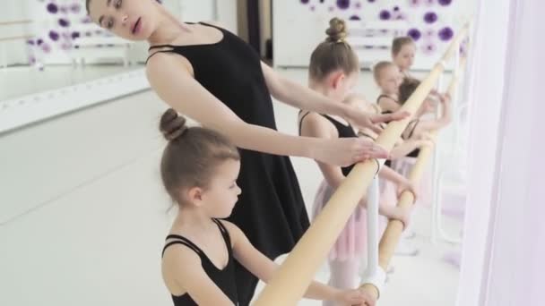 La bailarina de ballet aprende a bailar. Chicas elegantes en tutus bailan el ballet contra una ventana panorámica en el estudio . — Vídeos de Stock