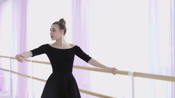 Professional ballet dancer practicing near a ballet bar — Stock Video