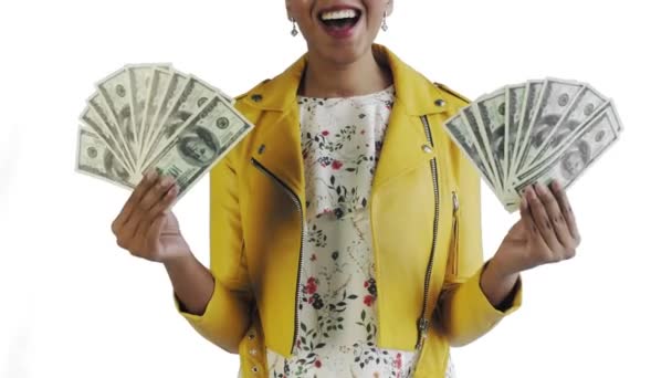 Portrait of satisfied happy excited african american woman showing money and saying O MY GOD on white background Yellow jacket — 비디오