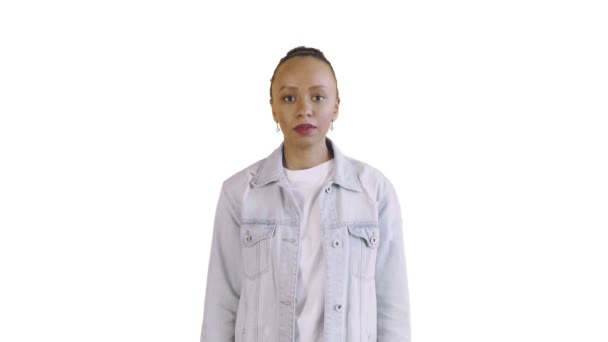 Shoot of african american woman looking at camera on white background Jean jacket — Stock Video