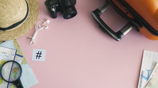 Top view hands lay on pink desk word HONG KONG — Stok Video