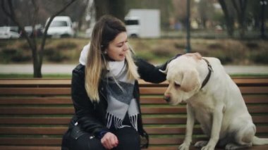 Çekici kadın, av köpeği Labrador 'la birlikte parktaki bankta oturuyor.