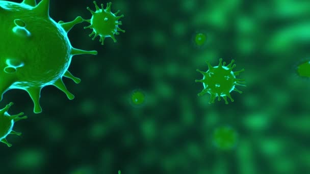 Вирусы, вирусные клетки под микроскопом, плавающие в жидкости с зеленым фоном. Патогены вспышки бактерий и вирусов, заболевания, вызывающие микроорганизмы. COVID-19. Коронавирус . — стоковое видео