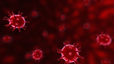 Virüsler, mikroskop altında virüs hücreleri, kırmızı arka planda sıvı içinde yüzüyorlar. Bakteri ve virüs salgını, mikroorganizmalara neden olan hastalıklar. COVID-19 Coronavirüs
