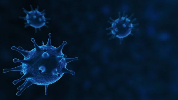 Wirusy, komórki wirusa pod mikroskopem, pływające w płynie z niebieskim tłem. Epidemia patogenów bakterii i wirusa, choroby powodujące mikroorganizmy. COVID-19 Koronawirus. — Zdjęcie stockowe