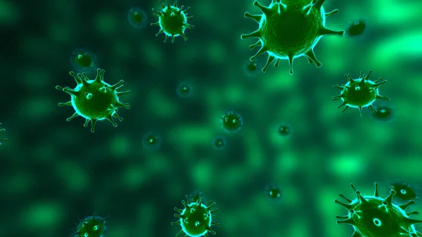 Viruses, Virus Cells under microscope, floating in fluid with green background. Pathogens outbreak of bacterium and virus, disease causing microorganisms. COVID-19 Coronavirus.