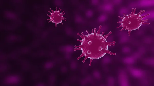 Wirusy, komórki wirusa pod mikroskopem, pływające w płynie z fioletowym tłem. Epidemia patogenów bakterii i wirusa, choroby powodujące mikroorganizmy. COVID-19 Koronawirus. — Zdjęcie stockowe