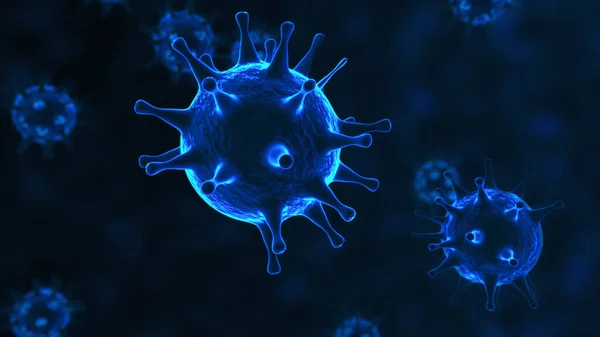 Viruses, Virus Cells under microscope, floating in fluid with blue background. Pathogens outbreak of bacterium and virus, disease causing microorganisms. COVID-19 Coronavirus. Stock Photo