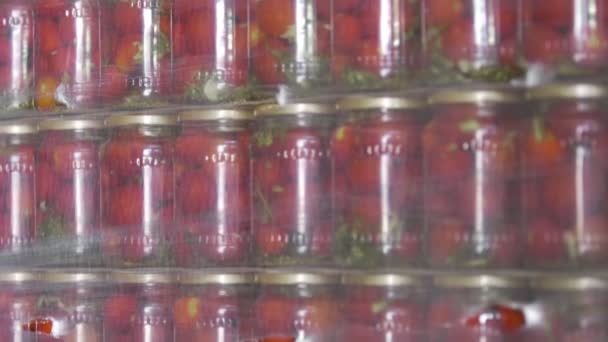 Preserving Tomatoes and cucumbers. Glass jars with Tomatoes and cucumbers in factory storage — Stock Video