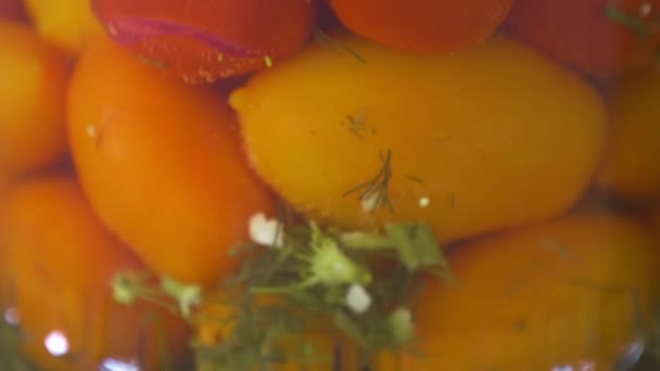 Conservare pomodori e cetrioli. Primo piano di barattoli di vetro con pomodori e cetrioli in magazzino in fabbrica — Video Stock