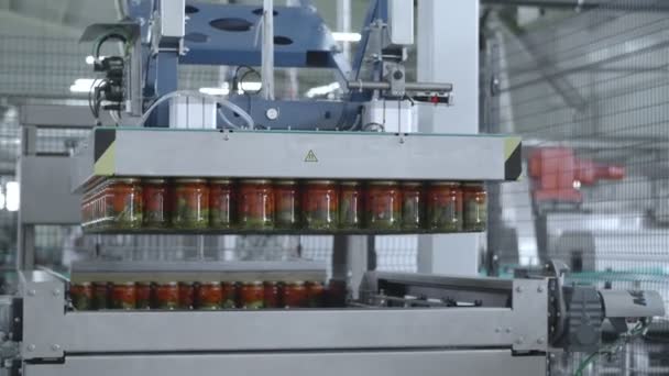 Conservation des tomates et des concombres. Gros plan de bocaux en verre avec tomates et concombres dans le stockage en usine — Video