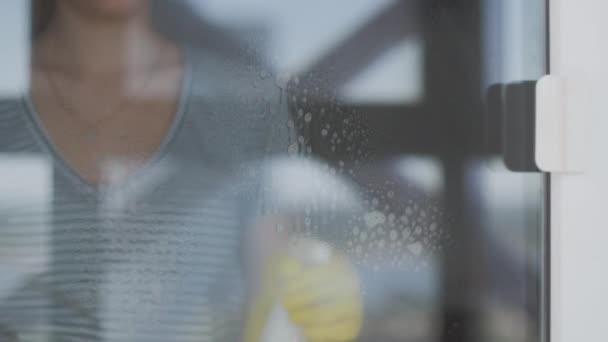 Jonge vrouw in gele handschoenen wassen raam met gele doek en wasmiddel. — Stockvideo