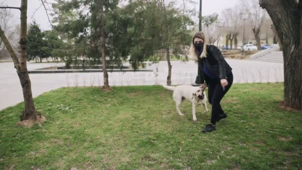 Привлекательная женщина в черной маске играет со своей собакой-лабрадором в парке во время карантинной коронавирусной пандемии COVID-19 в 2019-2020 годах — стоковое видео