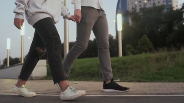 Jeune couple charmant dates dans le parc d'été en soirée — Video