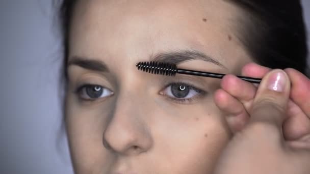 Proces van professionele make-up voor mooie en prachtige vrouw zitten in de Studio. Make-up Kunstenaar make-up wenkbrauwen — Stockvideo