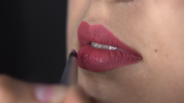 Macro shot van professionele make-up voor mooie en prachtige vrouw zitten in de Studio. Make-up Artist brengt rode lippenstift aan op de lippen — Stockvideo
