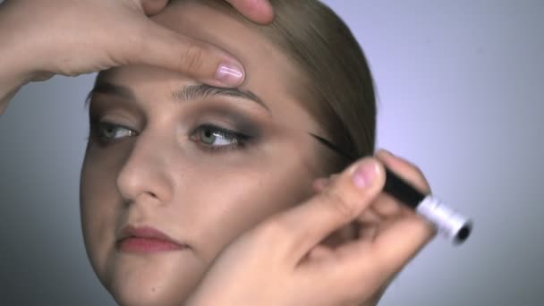 Närbild av makeup artist gör professionell make-up för ung kvinna i skönhetsstudio. Make up Artist drar pilar över ögat, eyeliner — Stockvideo