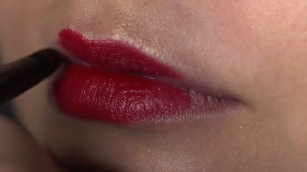 Κοντινό πλάνο καλλιτέχνη μακιγιάζ κάνει επαγγελματική make-up για νεαρή γυναίκα στο στούντιο ομορφιάς. Μακιγιάζ Καλλιτέχνης εφαρμογή κραγιόν στο μοντέλο — Αρχείο Βίντεο