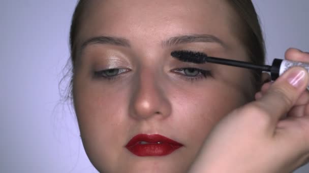 Maquillaje artista haciendo maquillaje profesional para mujer joven en el estudio de belleza. Maquillaje Artista pinta pestañas rímel — Vídeos de Stock