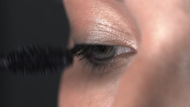 Macro de maquillaje artista haciendo maquillaje profesional para mujer joven en el estudio de belleza. Maquillaje Artista pinta pestañas rímel — Vídeo de stock