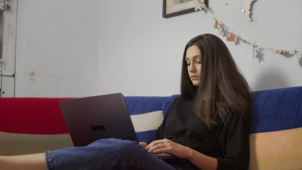 Uma mulher atraente trabalhando em seu computador em um sofá — Vídeo de Stock