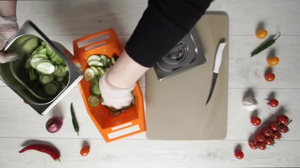 Chief neemt plak komkommers uit plastic kom en zet ze in metalen container — Stockvideo