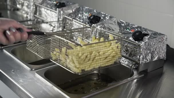 Processo de cozinhar batatas fritas na fritadeira — Vídeo de Stock