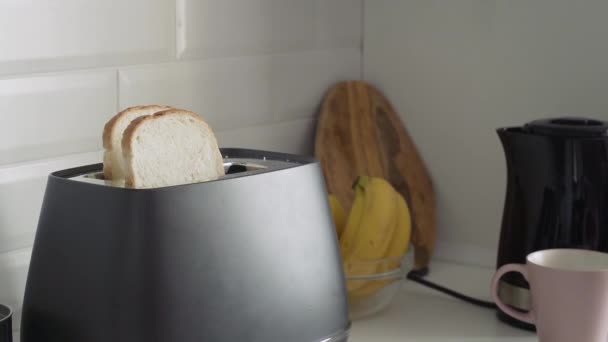 Großaufnahme einer jungen Frau im schwarzen Pyjama, die am Morgen das Frühstück zubereitet. Frau schaltet Toaster ein — Stockvideo
