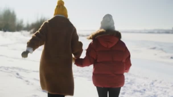 Duas mulheres amigas seguram umas nas outras e correm na neve — Vídeo de Stock