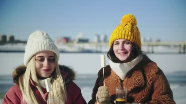 Две девушки в вязаных шляпах позируют с глинтвейном или стаканами для чая и зефиром на палочках — стоковое видео