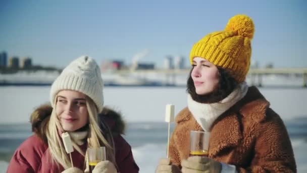 Two young woman in knitted hats posing with mulled wine or tea glasses and marshmallows on a sticks — Stock Video