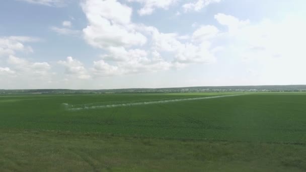 Vue du dessus du champ d'arrosage. Prise de vue du pulvérisateur d'irrigation irriguant les champs cultivés .