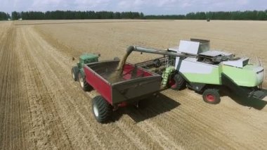 Buğday tarlasında çalışan hasat ve traktörün hava görüntüsü.