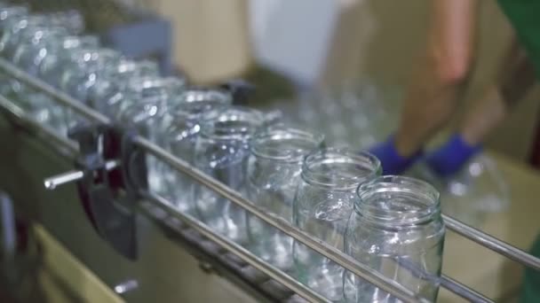 Prázdné skleněné plechovky na automatické lince pro zpracování zeleniny. — Stock video