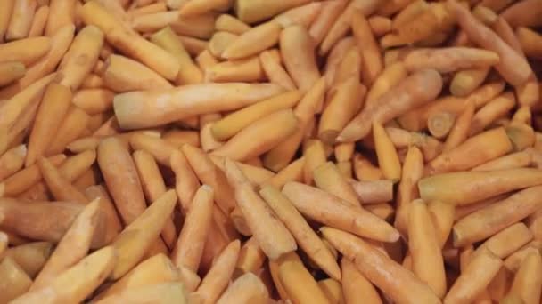 Zanahorias crudas en una planta de procesamiento de vegetales. Moderna planta para el procesamiento de zanahorias. Fábrica de procesamiento de vegetales — Vídeos de Stock