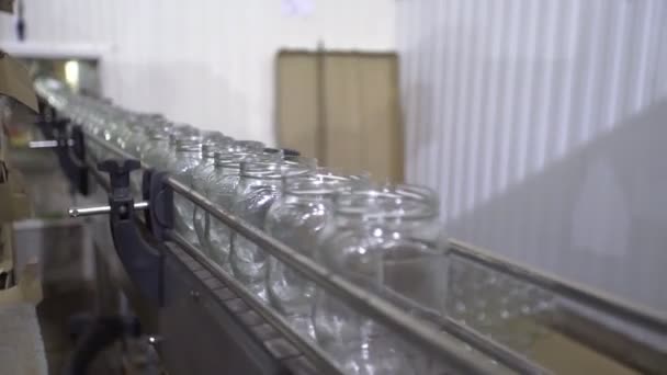 Lege glazen blikjes op automatische lijn voor de verwerking van groenten. — Stockvideo