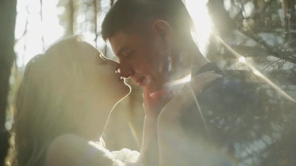 Young carefree couple in love are hugging and kissing with sun on backgrounds — Stock Video