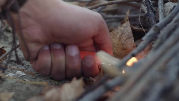 Muž cestovatel používá zapalovač, aby udělal táborák na louce v podzimním lese — Stock video