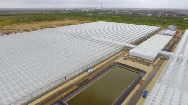 Aerial side view of empty greenhouse for growing vegetables, a greenhouse with a transparent roof, a greenhouse view from above. — Stock Video