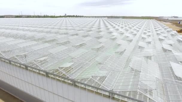 野菜栽培のための空の温室、透明な屋根のある温室、上からの温室ビューの空中側の眺め. — ストック動画