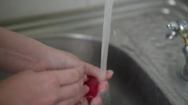 Yakın plan aşçı kadın taze turp yıkıyor.