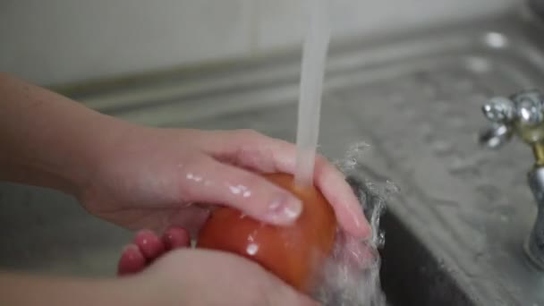 Close up cocinera lavando tomate fresco — Vídeos de Stock