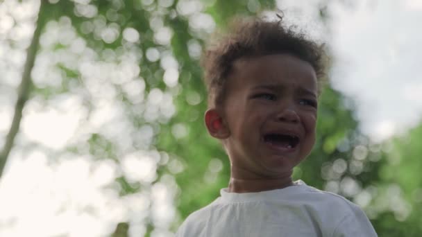 Крупный план маленького афро-американского мальчика плачет в парке . — стоковое видео