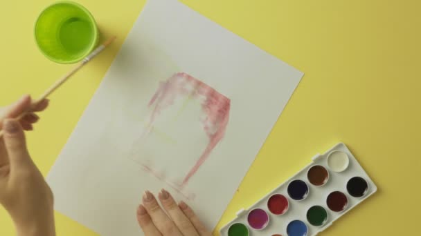 Von oben Ansicht der Künstlerin Malerei Aquarellfarben — Stockvideo