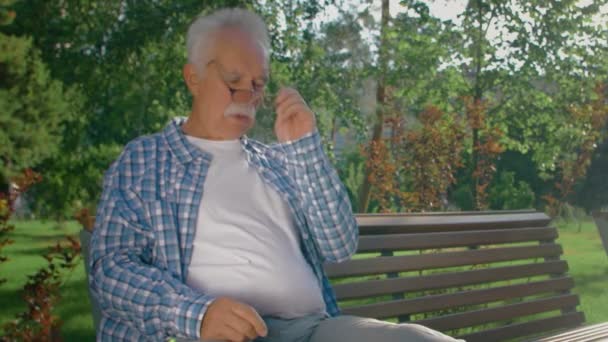 Un anciano con bigote dormitando en el parque — Vídeos de Stock