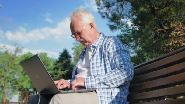 老人坐在公园的长椅上，一边在电脑上打字一边发短信 — 图库视频影像