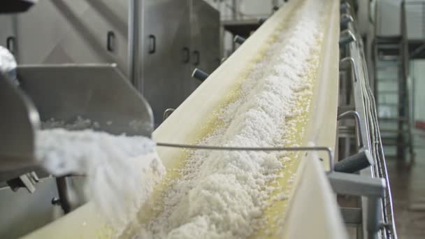 Rijstfabriek. Reiniging en productie van rijst. Transportmiddelen voor het verpakken van rijst en granen. — Stockvideo