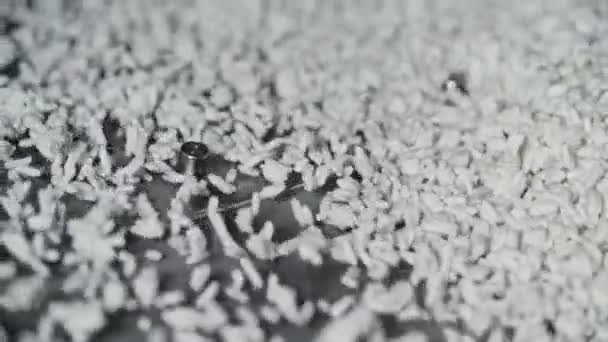 Langzame beweging van bevroren rijst op transportband — Stockvideo